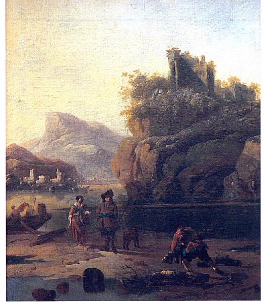 Ruines d'un temple au sommet d'un rocher, au bord d'un lac, Johannes Lingelbach, 3e quart 17e siècle