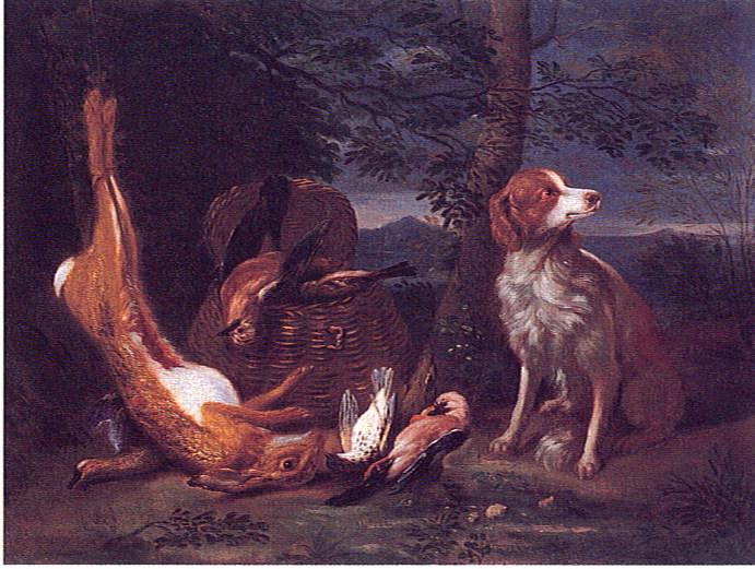Nature morte: lièvre, oiseaux et chien, Adriaen de Gryeff, 17e siècle