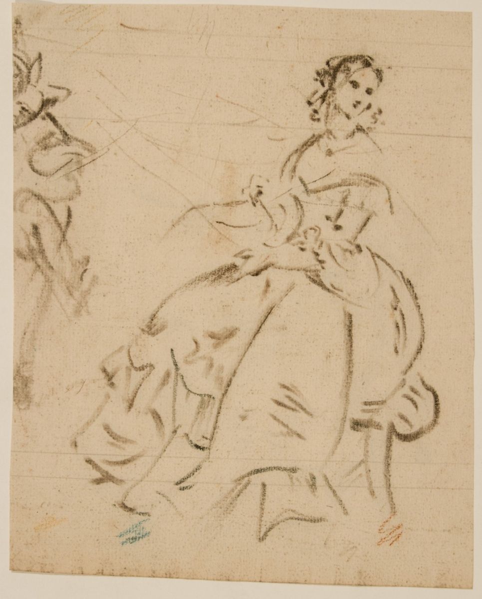 Femme assise avec éventail et buste d'homme_1