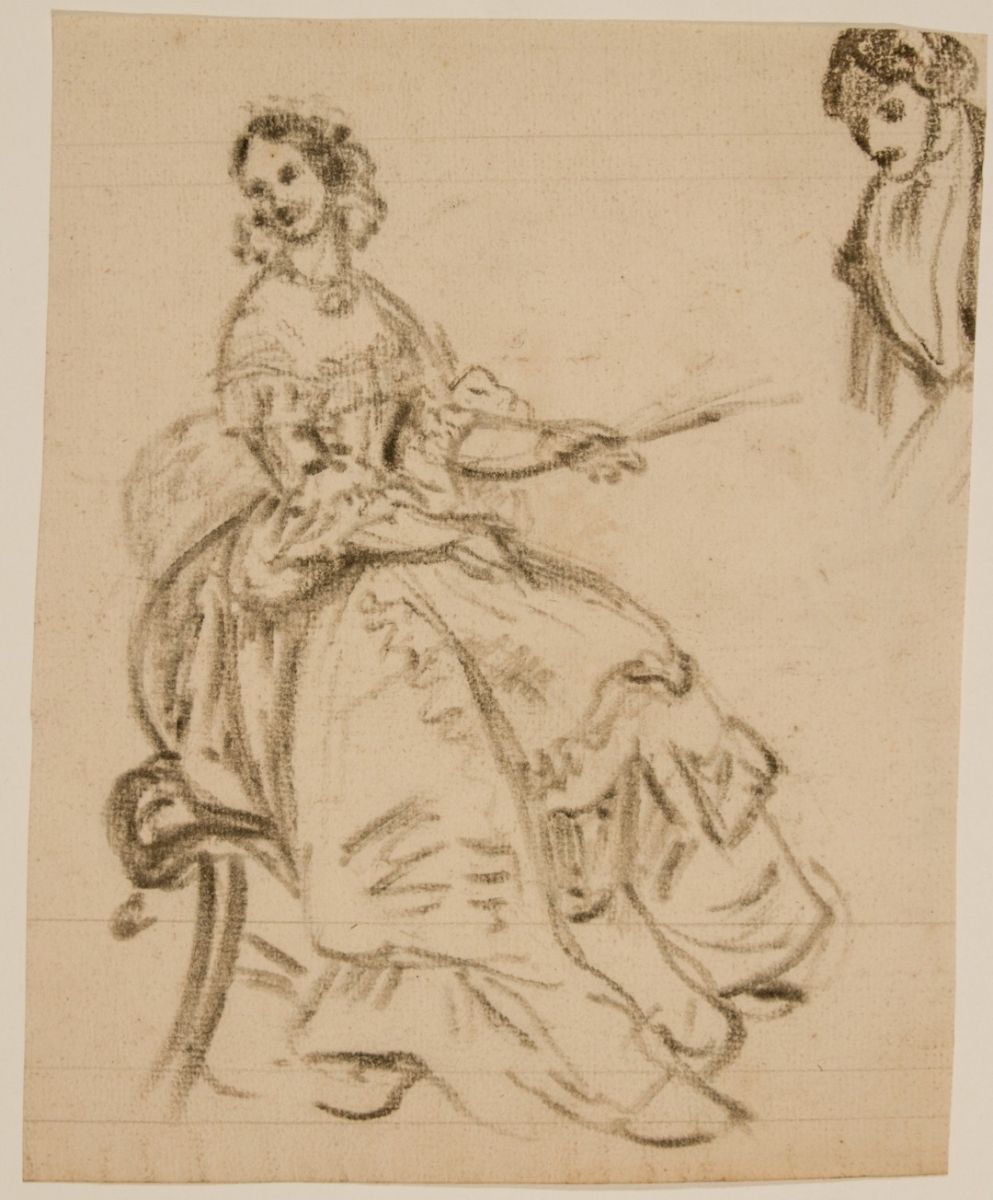 Femme assise avec éventail et buste d'homme_0