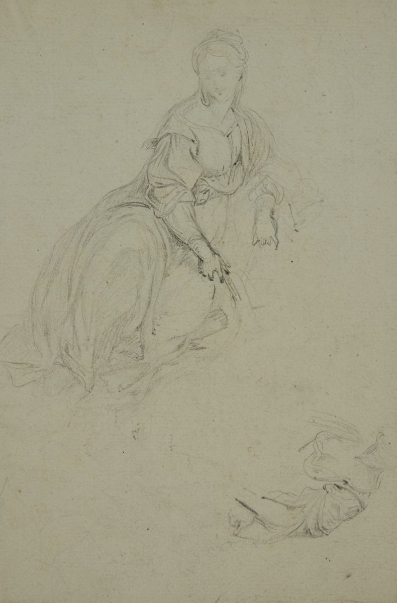 Femme en robe, assise et pensive, étude de buste_0