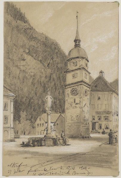 Altorf, fontaine et tour de Guillaume Tell, Léon Alegre, 19e siècle