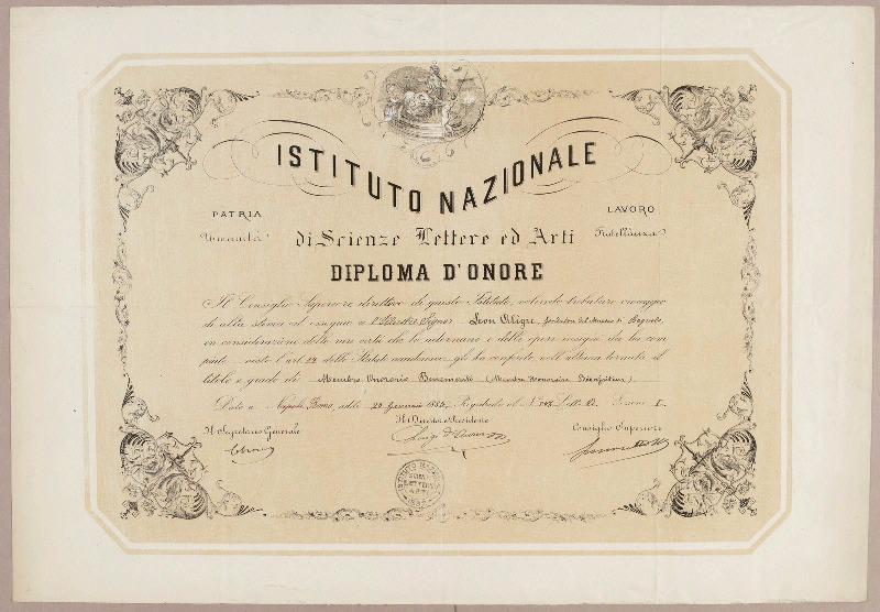 Diploma d'onore Istituto Nazionale, 1885