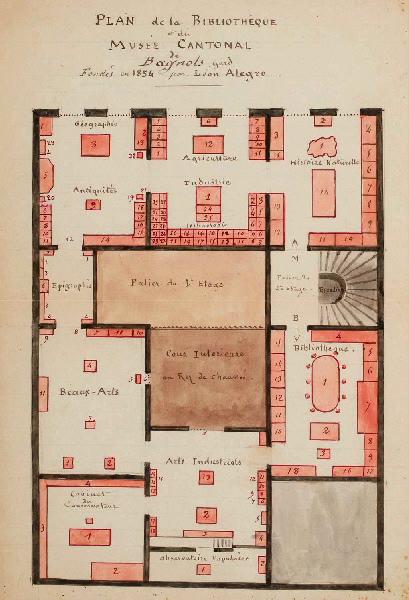 Plan de la bibliothèque et du musée cantonal, Léon Alegre, 19e siècle