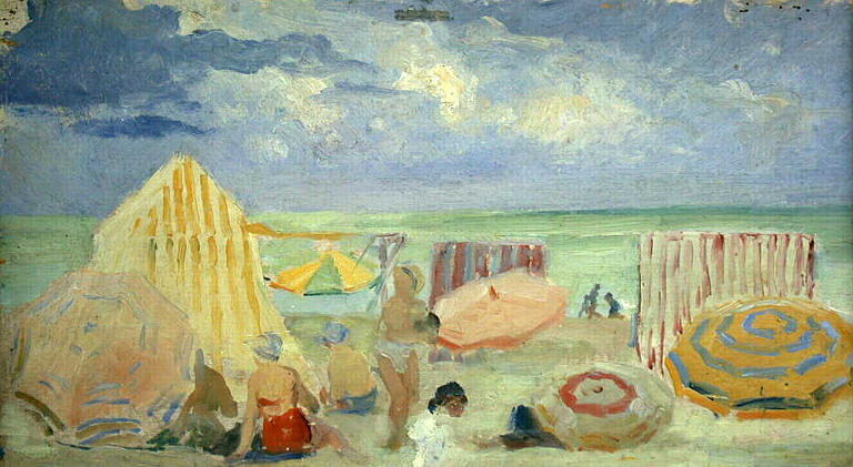 Plage aux baigneurs parmi les tentes et les parasols_0