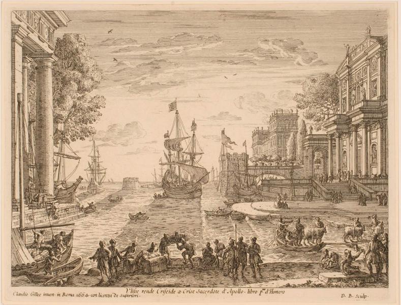 Paysage portuaire mythologique ; Ulysse ramenant Chryséis à son père_0