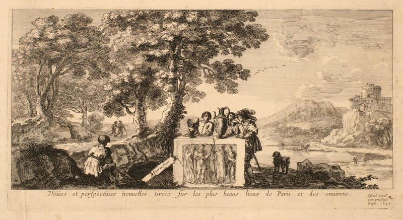 Feuille de titre intitulée 'Veuës et perspectiues nouuelles tirées sur les plus beaux lieux de Paris et des enuirons', Paris, Israël Silvestre, 1645, Claude Goyrand, 1645,1646