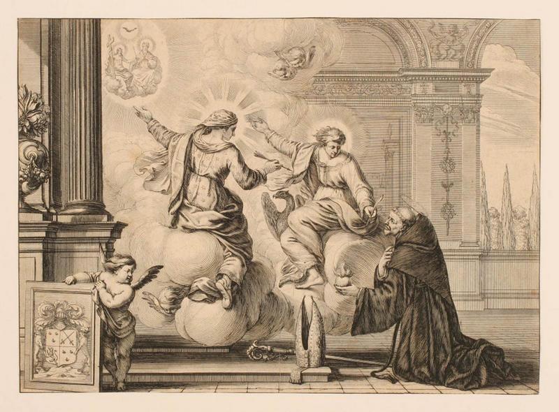 Extase de saint Augustin ; La Théologie chrétienne et saint Jean l'Evangéliste désignant la Trinitié à saint Augustin (Probablement thèse de théologie armoiriée)_0