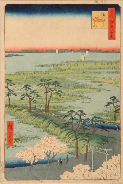 Cent vues de sites célèbres d'Edo : Le sanctuaire shintô de Hachimangû à Sunamura_0
