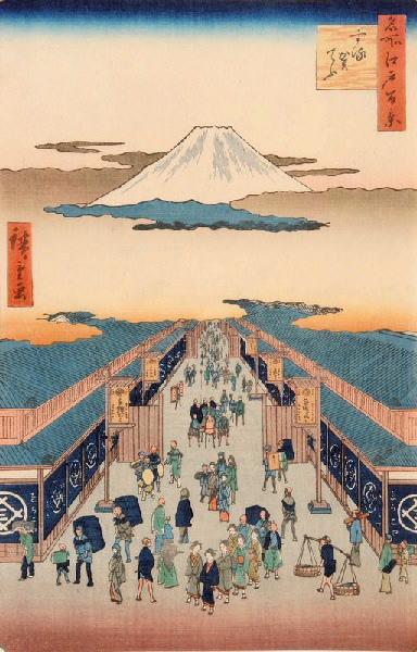 Cent vues de sites célèbres d'Edo : Grande rue à Surugachô avec un panorama de Mont Fuji_0