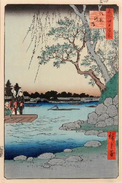 Cent vues de sites célèbres d'Edo : Bateau de passage à rive Onmaya_0