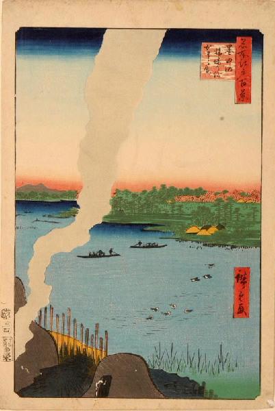 Cent vues de sites célèbres d'Edo : Four à tuiles près de la rivière Sumida-gawa_0