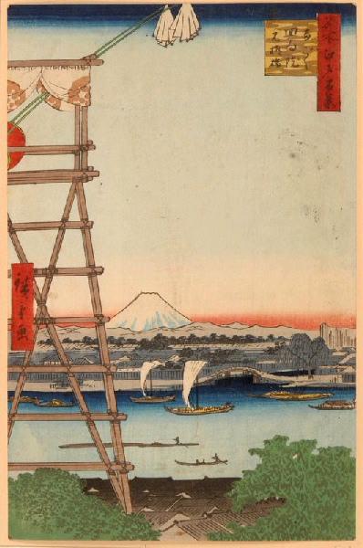 Cent vues de sites célèbres d'Edo : Le pont Yanagi-bashi sur la rivière Sumida-gawa_0