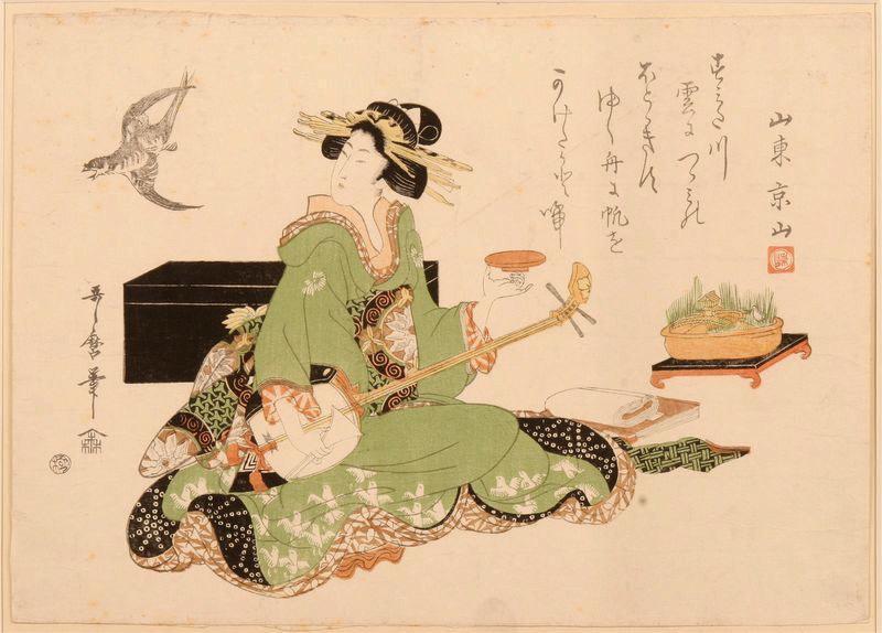 Courtisane jouant Shamisen et coucou_0