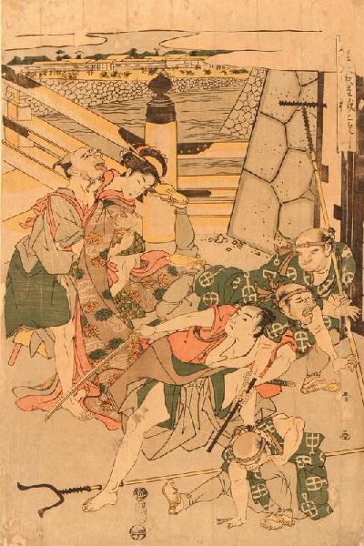 Une jeune fille et un samourai combattant quatre ennemis, Katsukawa Shun'ei, 2e moitié 18e siècle, 1er quart 19e siècle