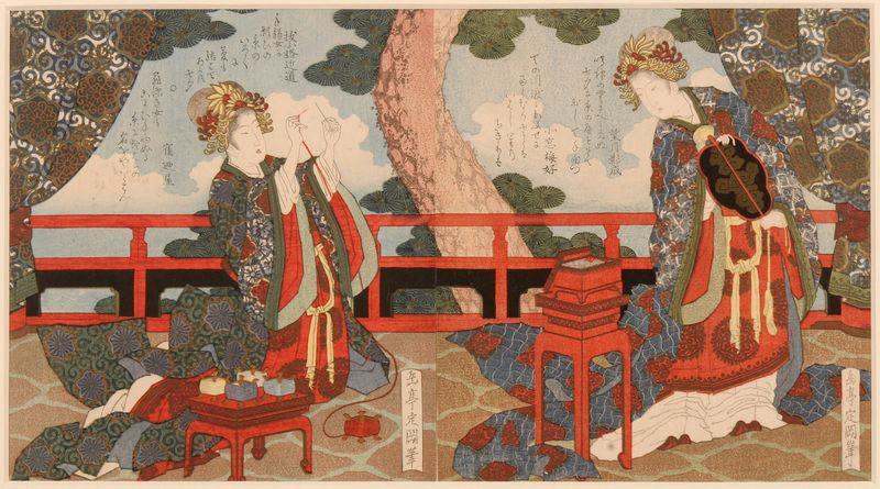 Femmes chinoises enfilant une aiguille et observant une toile d'araignée dans une boîte_0