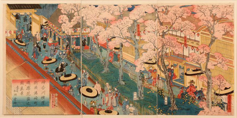 Cerisiers en fleurs au quartier de plaisir dans la province de Yokohama, Utagawa Sadahide, 19e siècle