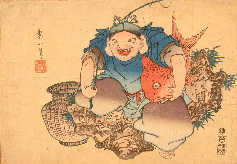 Ebisu, dieu des pêcheurs, avec une canne à pêche et une grande dorade_0