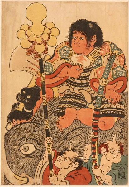 Kintarô à dos d'éléphant avec un ourson et deux ogres_0