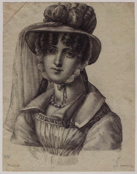 Jeune femme au voile blanc (soeur de Grandville) ; au verso : croquis d'un homme sur un pont sortant d'arbres, Grandville, 1824