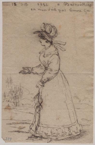 Jeune femme tenant une ombrelle marchant de profil à gauche dans la campagne, Grandville, 1824