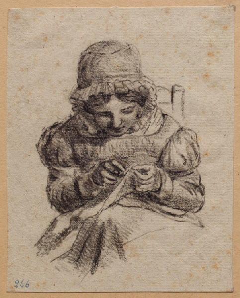 Une brodeuse assise de face, Grandville, 1824