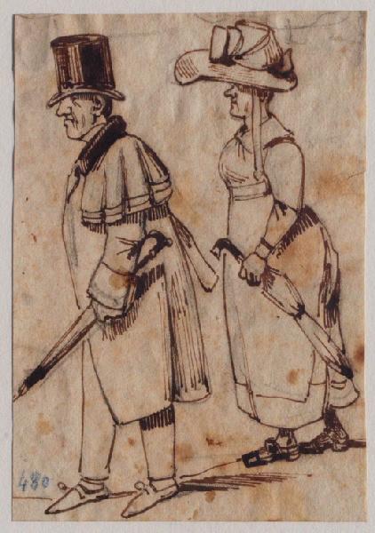 Couple bourgeois avec des parapluies ; au verso : croquis de femme au crayon_0