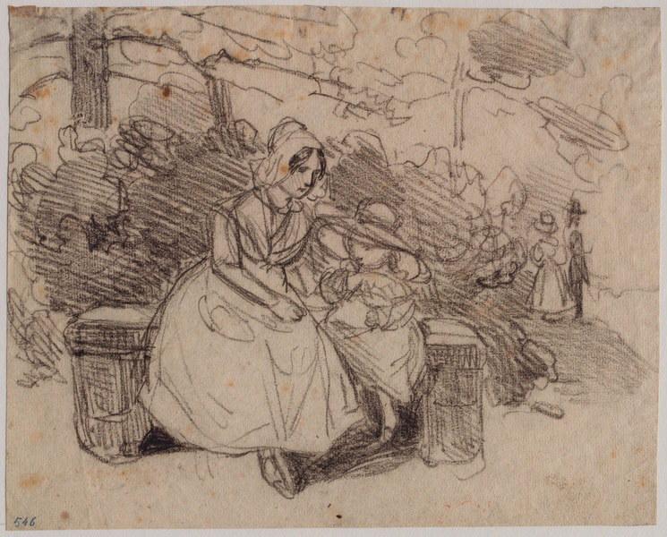 Petite fille et sa gouvernante sur un banc ; au verso : traits de frottis et pierre noire_0