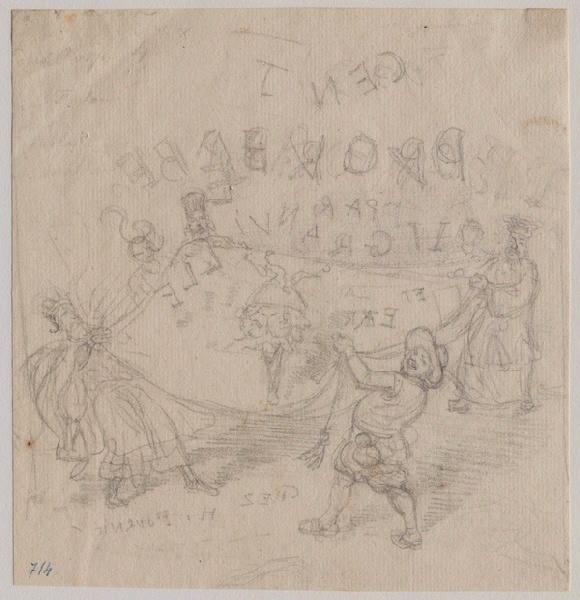 Cent proverbes : Six hommes faisant sauter une triple tête de bouffon, Grandville, 1844