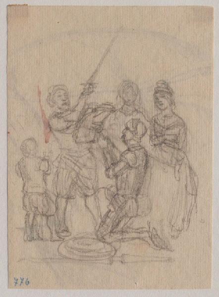 L'ingénieux chevalier don Quichotte de la Manche : Don Quichotte adoubé chevalier ; au verso : étude de feuille_0