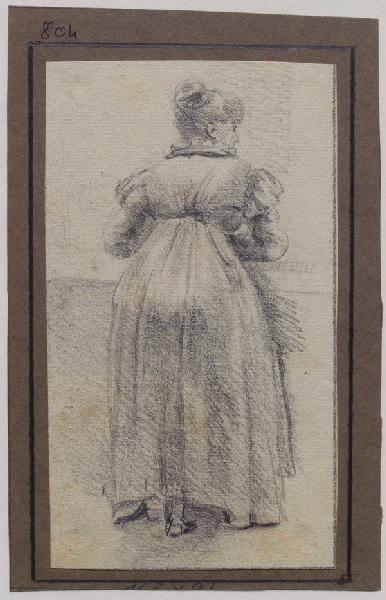 Femme accoudée à un parapet vue de dos, Grandville, 1825