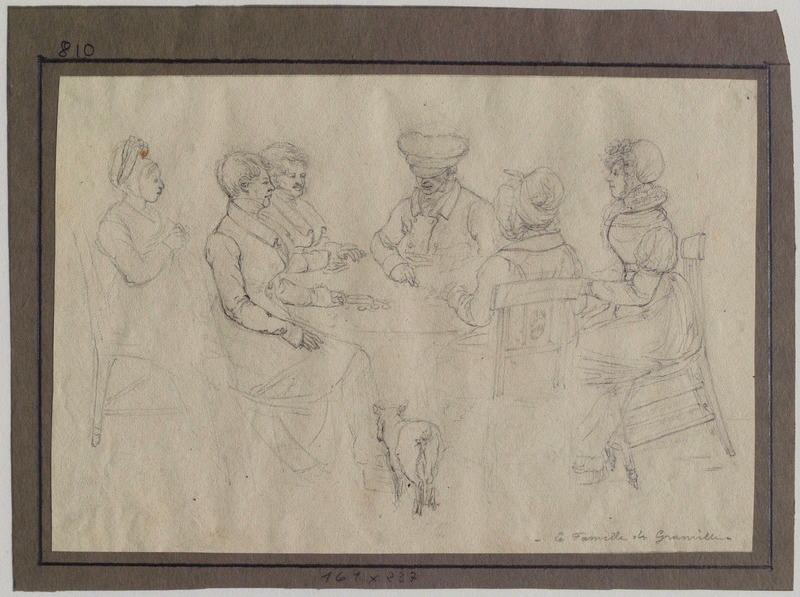 Six personnes autour d'une table, Grandville, 1825
