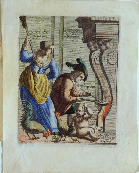 Le mari, menacé du balai par sa femme, prépare la bouillie du bébé (bouillie du bébé), Jacques Lagniet, 17e siècle