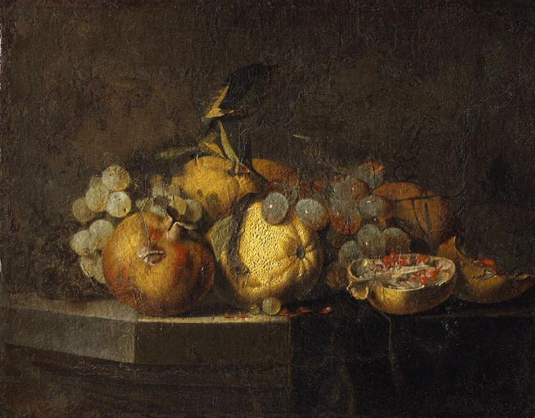 Nature morte avec grenades (Titre de David Fiozzi.) ; Tableau de fruits, Willem van Aelst, 1645
