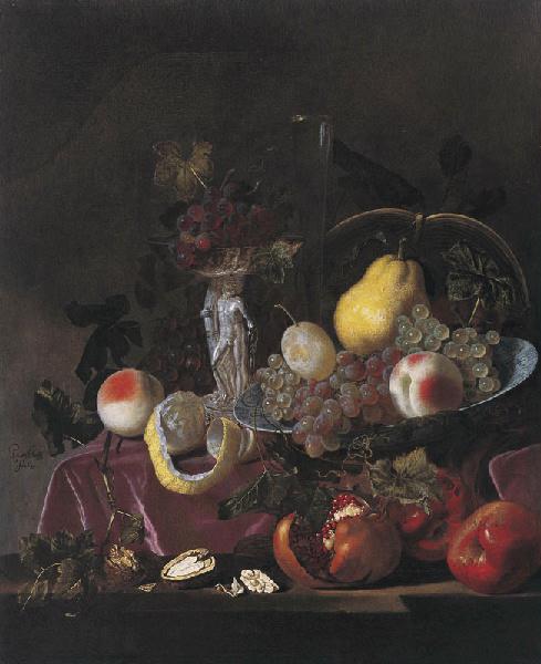 Nature morte de fruits. Raisins, grenades et melons_0