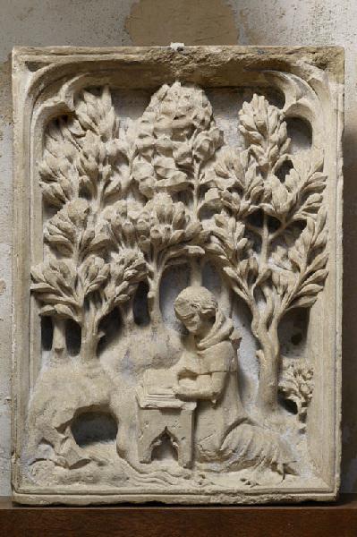 Personnage en prière dans un paysage ; Dalle rectangulaire à relief : personnage en prière auprès d'une source (Ancien titre)_0