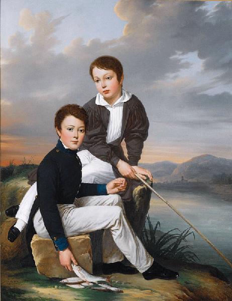 Ernest et Léopold, fils du peintre, pêchant à la ligne, Philippe Peyrane, 1838-1842