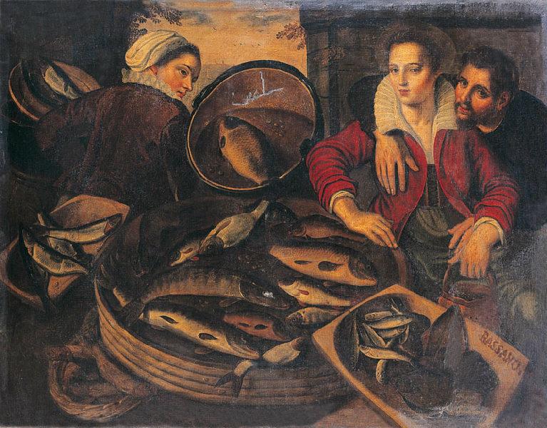 Nature morte de poissons et trois personnages, Joachim Beuckelaer, 1576-1600
