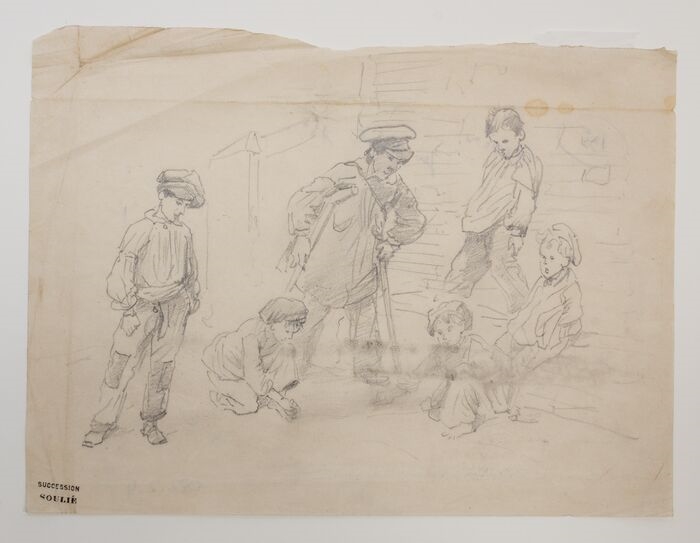 [Groupe de jeunes garçons jouant aux billes], Léon Soulié, 2e quart 19e siècle