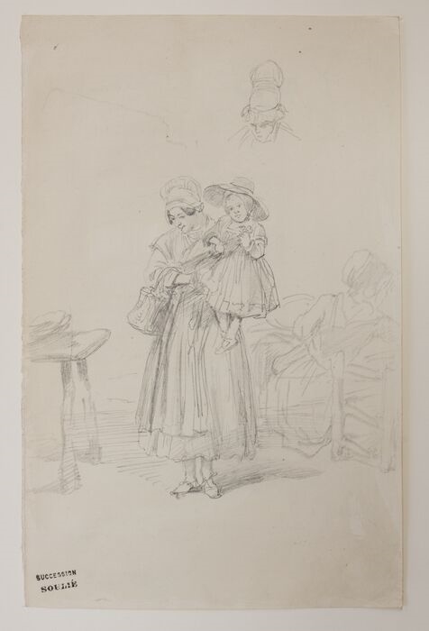 [Femme tenant un enfant dans ses bras] ; [Etude de coiffe], Léon Soulié, 2e quart 19e siècle