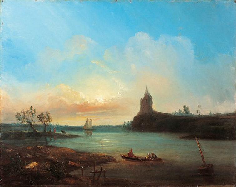 Vue d'un estuaire avec des pêcheurs et un château imaginaire_0