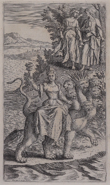 Alcazar in Apocalyptus ; La Grande prostituée (gravure illustrant le livre publié en 1619 par le Jésuite Louis Alcazar sur l'Apocalypse selon St jean), Juan de Jauregui, 1er quart 17e siècle
