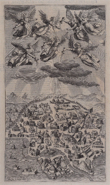 Alcazar in Apocalyptus (gravure illustrant le livre publié en 1619 par le Jésuite Louis Alcazar sur l'Apocalypse selon St jean), Juan de Jauregui, 1er quart 17e siècle