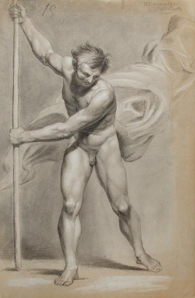Homme nu debout avec un bâton et draperie, Marcel Briguiboul, 1855