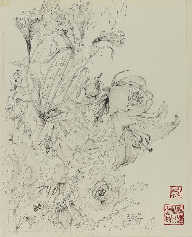 Lys, roses, herbes des champs et digitales pourpres, René Izaure, 2004