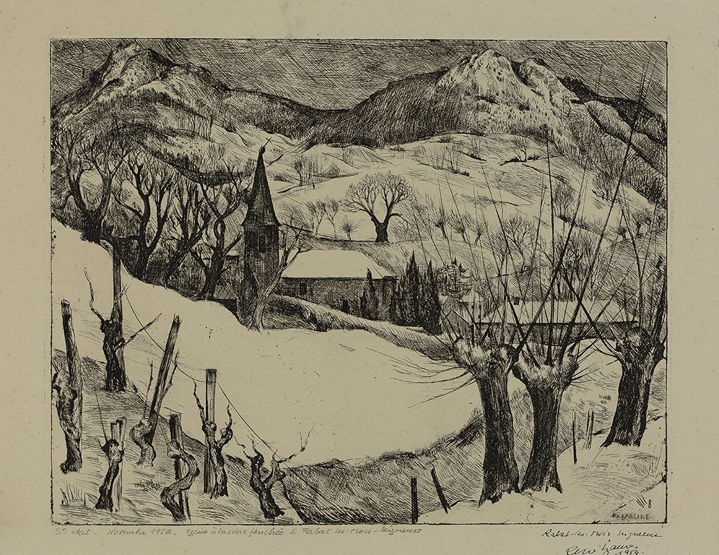 Eglise à la croix penchée sous la neige, Rabat-les-Trois-Seigneurs, René Izaure, 1954