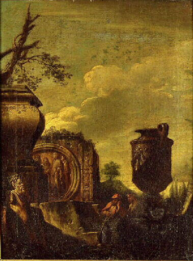 Paysage avec des ruines antiques et une statue de faune_0