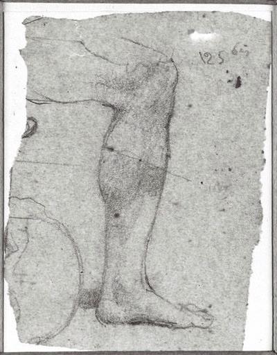 Oedipe (sa jambe pliée, de profil à droite) ; en travers : le haut d'une tête d'homme au front dégarni_0