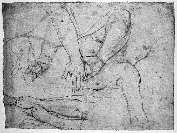 Antiochos et Erasistrate (leurs bras, avec reprise des mains, et jambes d'Antiochos) ; au verso : ANTIOCHOS (bout d'un pied)_0