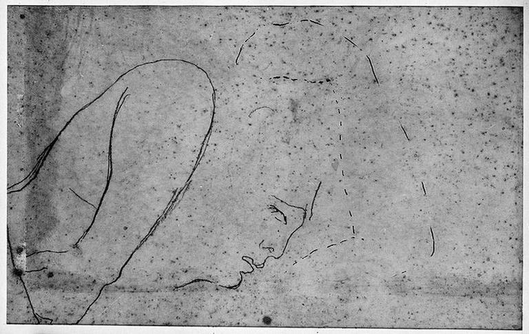 Antiochos (Son bras gauche soulevant la draperie qui le cache, avec la tête esquissée). Au verso : ANTIOCHOS, sa tête, avec le bras gauche, à la plume, en pointillé_1
